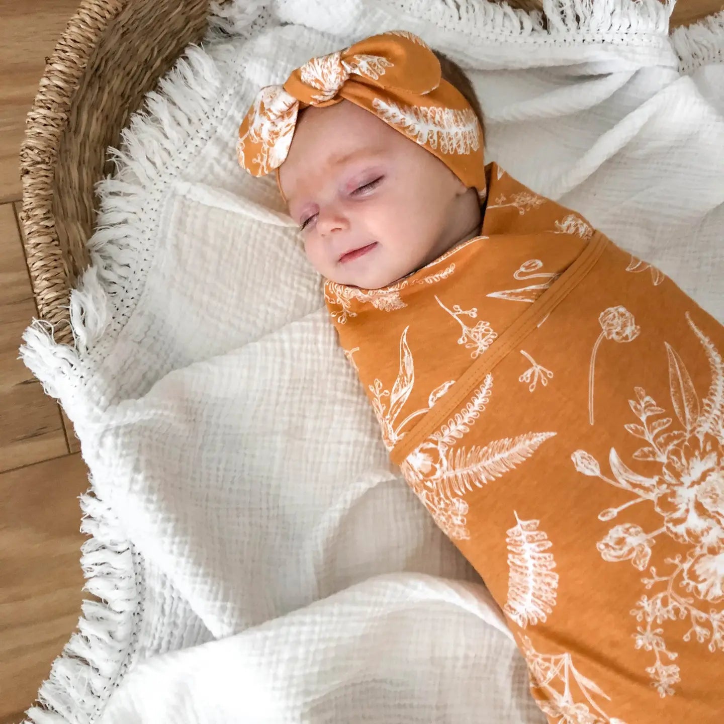 Golden Floral Swaddle Set (Beanie, Head Wrap and Swaddle)