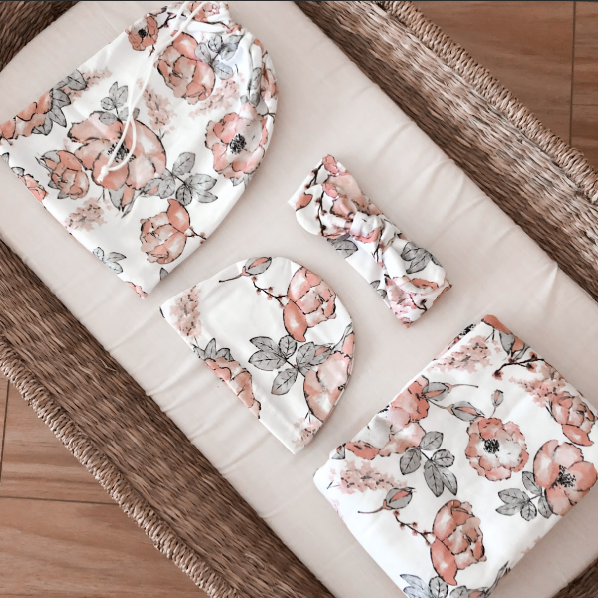 Blushing Bloom Floral Swaddle Set (Beanie, Head Wrap and Swaddle)